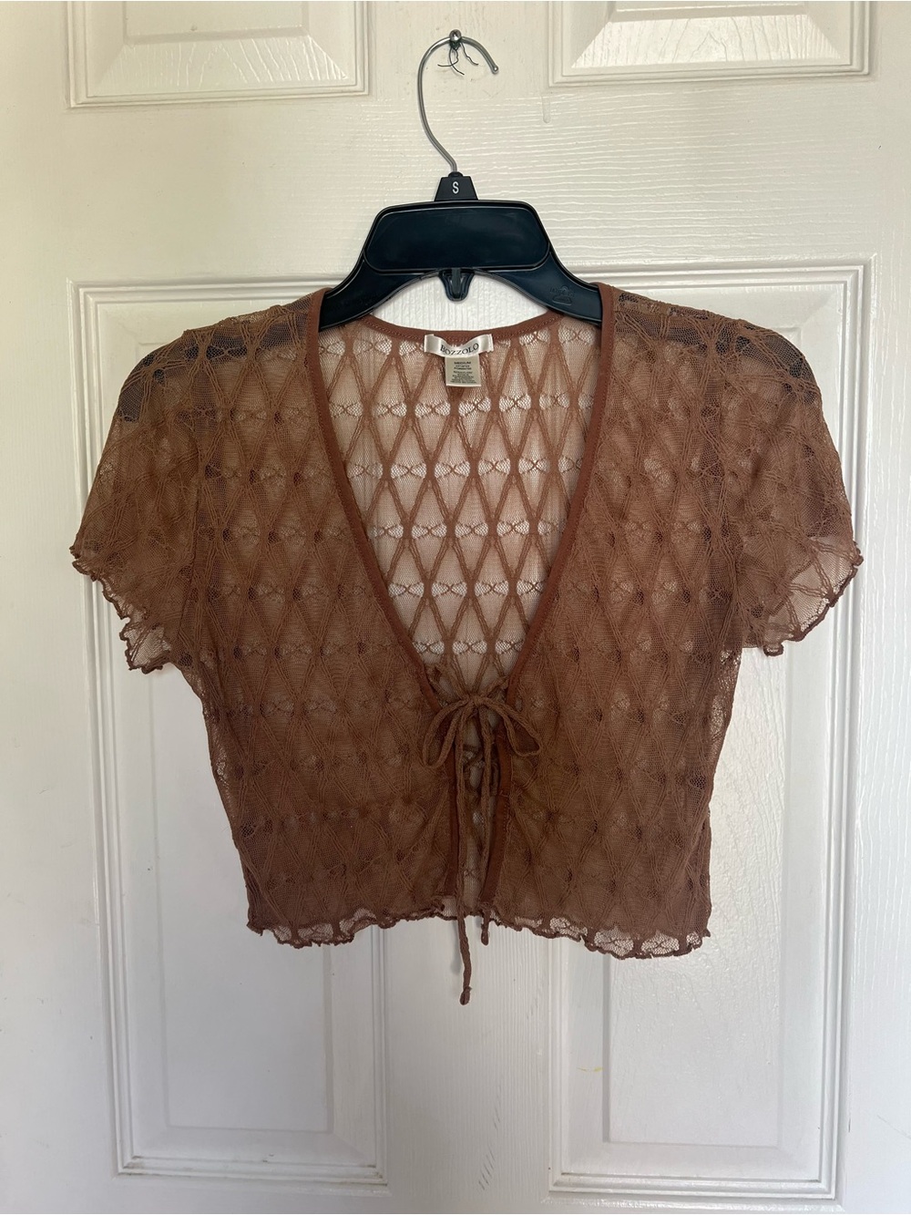 Sheer Crochet Tie-Front Top - Brown